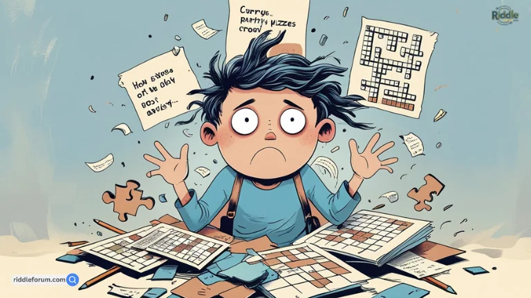 a cartoon of a boy with many pieces of crossword puzzleAnxiety riddles (3)